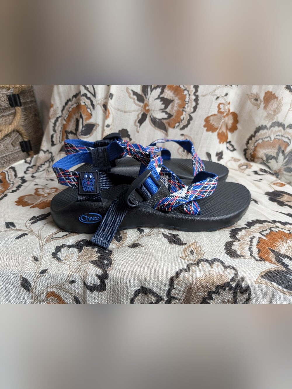Chaco Women's  Festival Frog Navy Blue Red White Plaid Sport Sandals